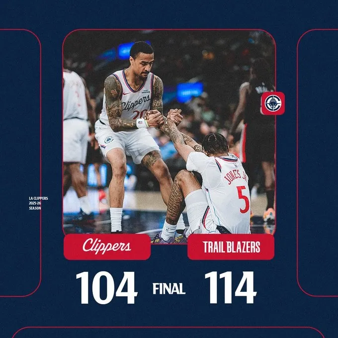 世界杯官方软件下载中心-快船分享本场比赛失利海报，球队常规赛战绩来到39胜37负